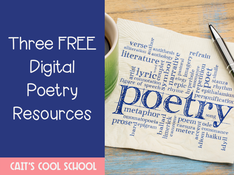 Image: poetry typed on a napkin with poetic terms around it, Text: Three Free Digital Poetry Resources