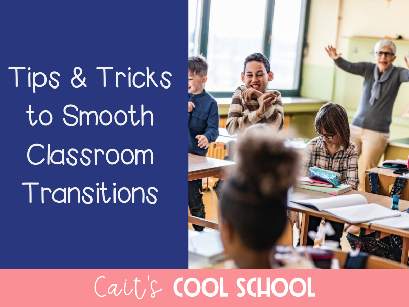 Image: Teacher with hands up, kids laughing and playing, Text: Tips and Tricks to Smooth Classroom Transitions