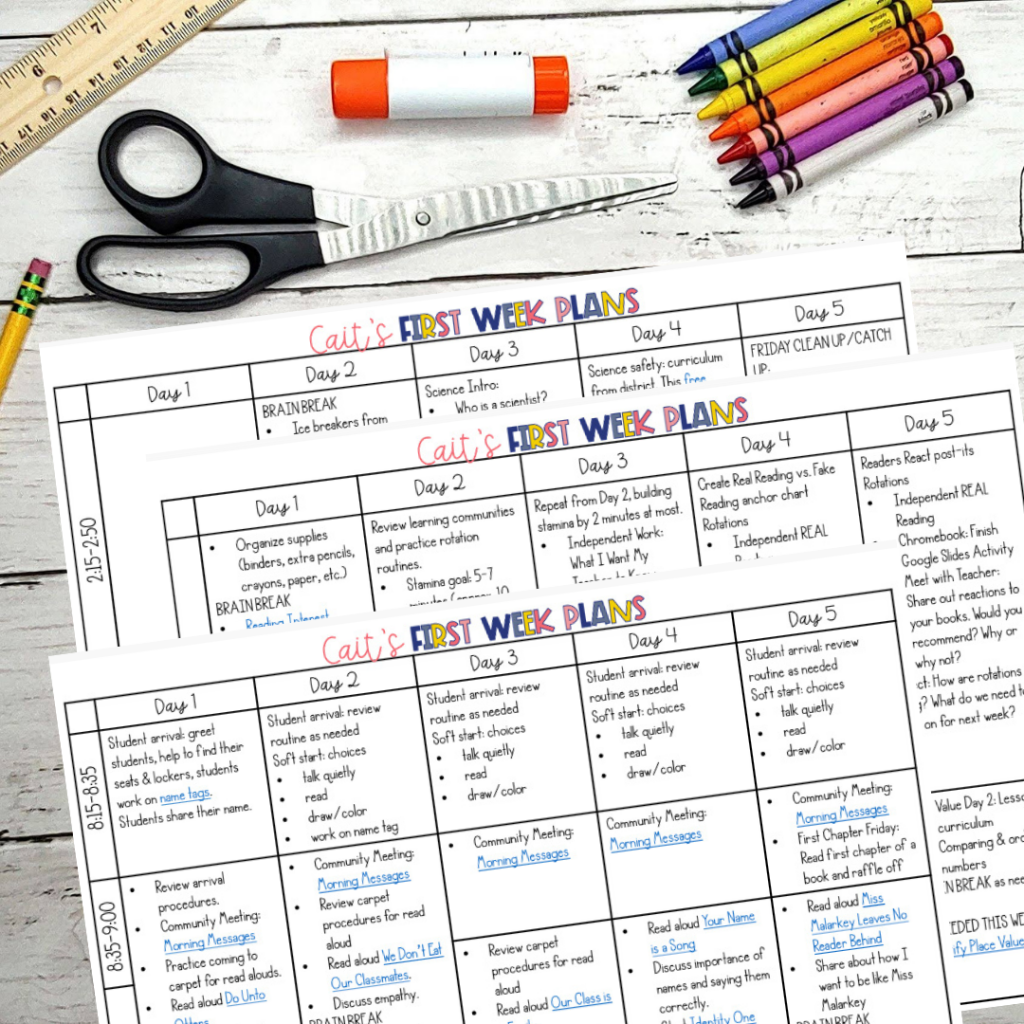 Image Cait's First Week Plans written out in a table, surrounded by pencil, ruler, scissors, glue stick, and crayons